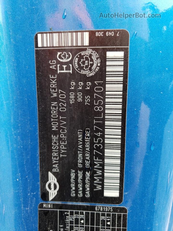 2007 Mini Cooper S Blue vin: WMWMF73547TL85701