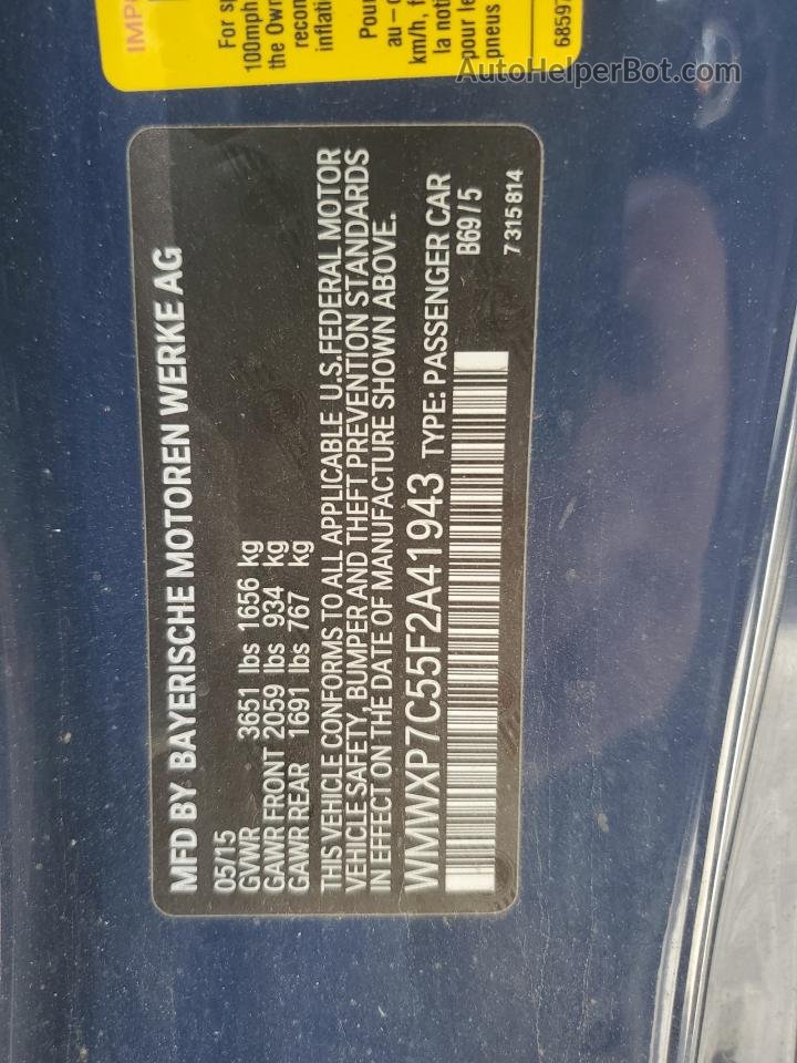 2015 Mini Cooper S Blue vin: WMWXP7C55F2A41943