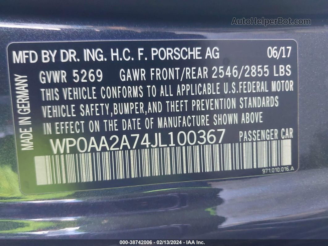 2018 Porsche Panamera 4 Серый vin: WP0AA2A74JL100367