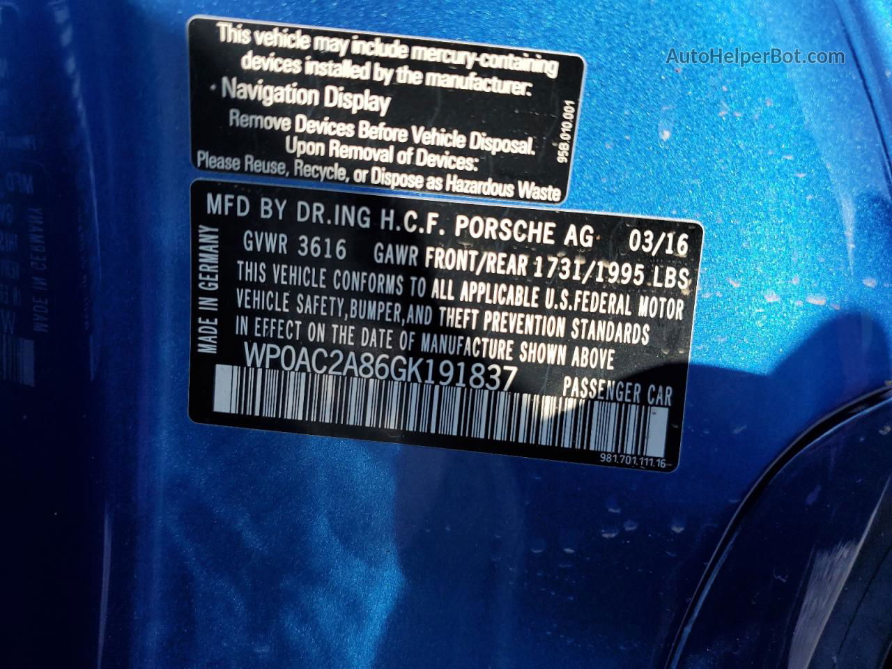 2016 Porsche Cayman Gt4 Blue vin: WP0AC2A86GK191837