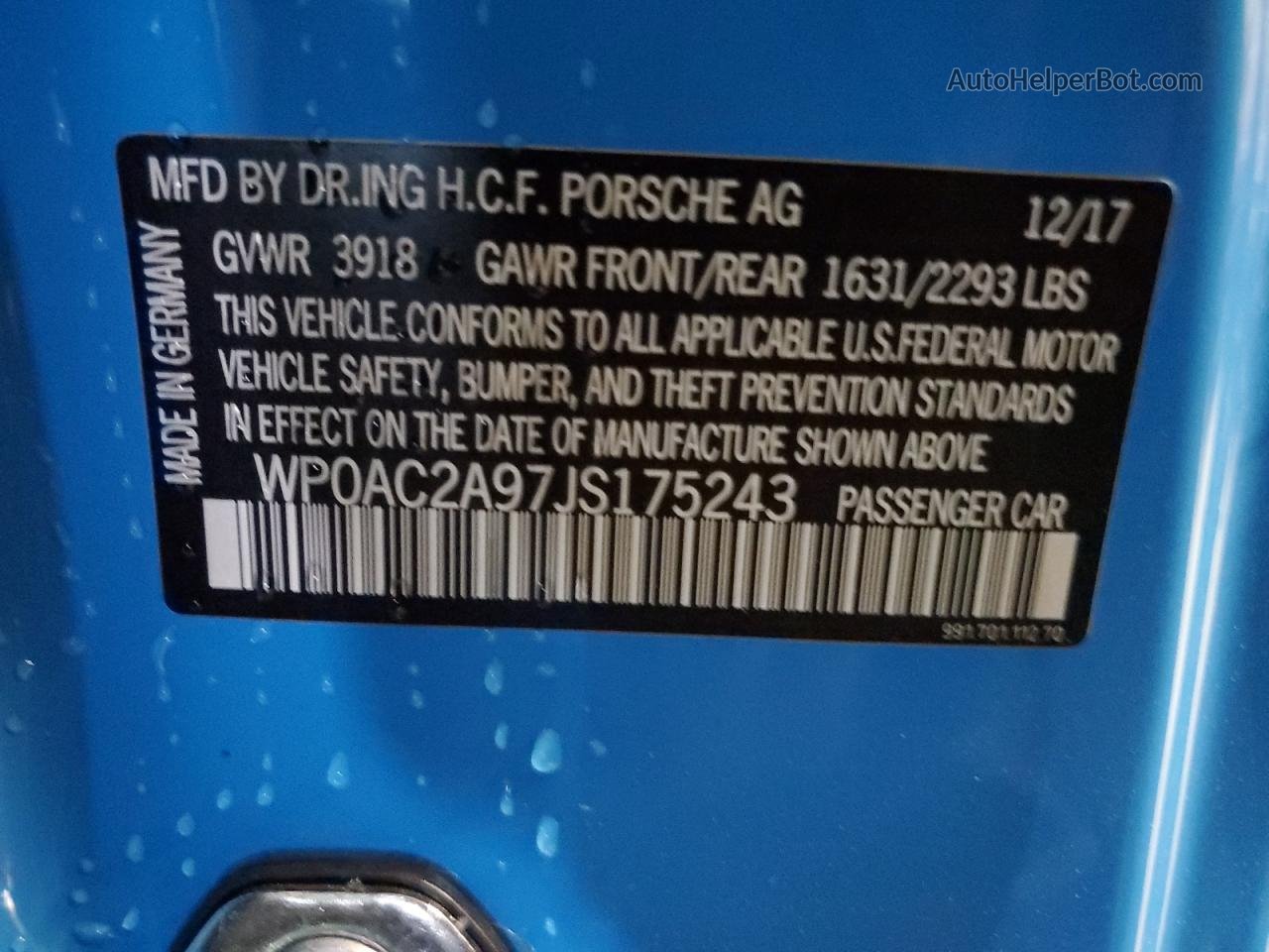 2018 Porsche 911 Gt3 Blue vin: WP0AC2A97JS175243