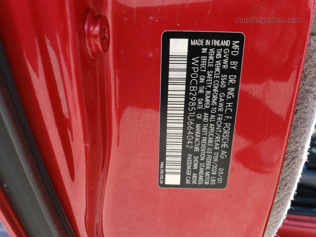2001 Porsche Boxster S Красный vin: WP0CB29851U664042