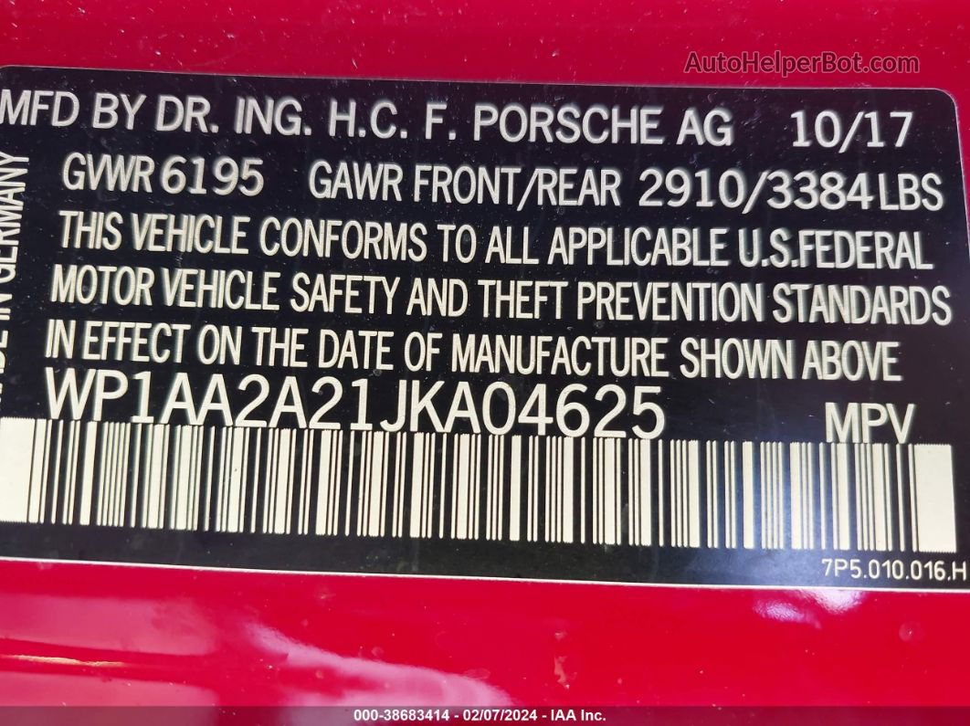 2018 Porsche Cayenne   Red vin: WP1AA2A21JKA04625