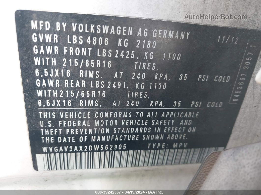 2013 Volkswagen Tiguan S White vin: WVGAV3AX2DW562905