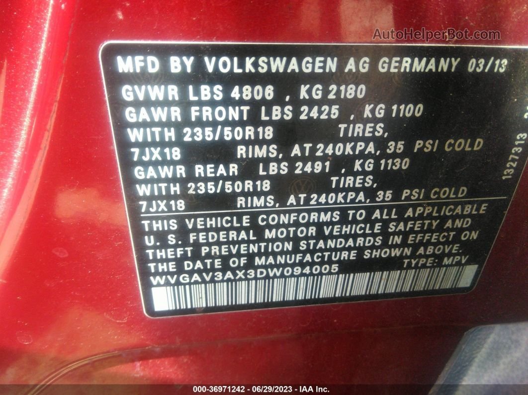 2013 Volkswagen Tiguan Se Red vin: WVGAV3AX3DW094005