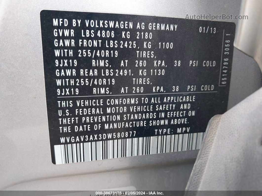 2013 Volkswagen Tiguan Sel Silver vin: WVGAV3AX3DW580877