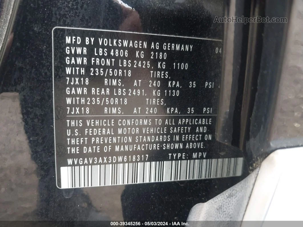 2013 Volkswagen Tiguan Se Black vin: WVGAV3AX3DW618317