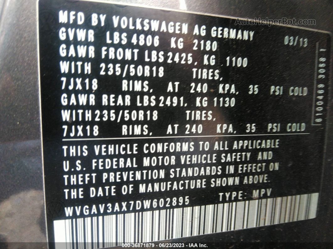 2013 Volkswagen Tiguan Se Gray vin: WVGAV3AX7DW602895