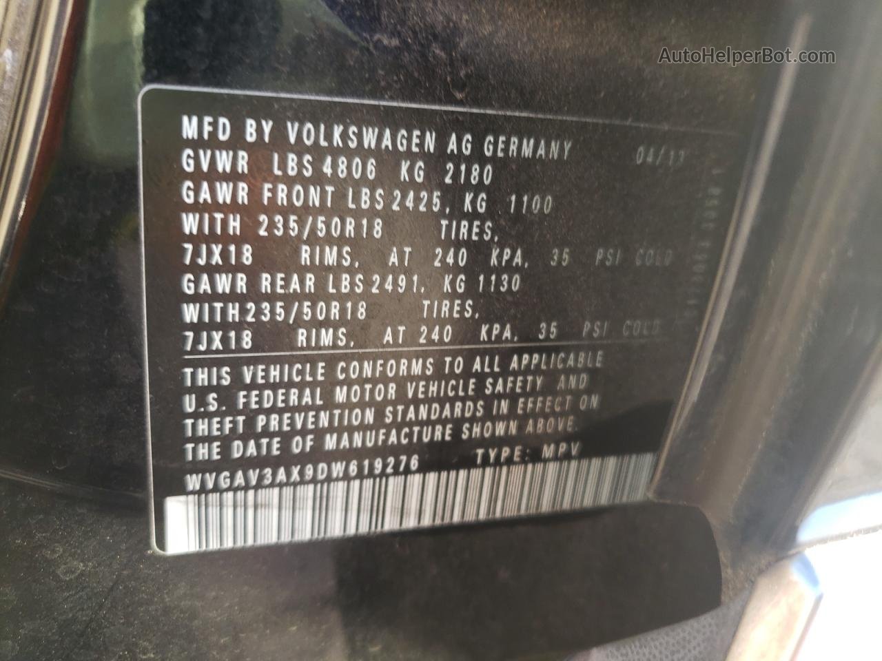 2013 Volkswagen Tiguan S Black vin: WVGAV3AX9DW619276