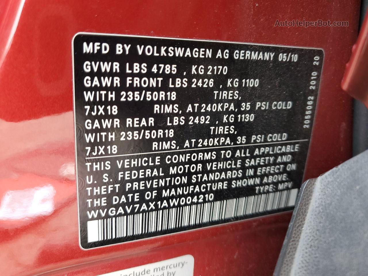 2010 Volkswagen Tiguan S Red vin: WVGAV7AX1AW004210