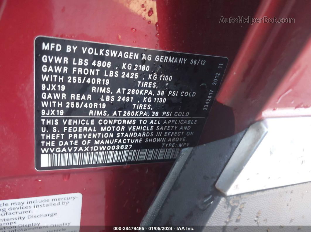 2013 Volkswagen Tiguan Sel Красный vin: WVGAV7AX1DW003627