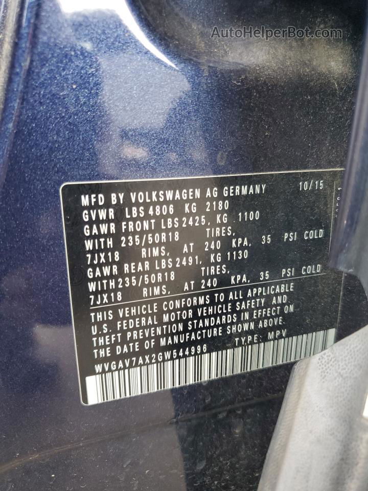 2016 Volkswagen Tiguan S Blue vin: WVGAV7AX2GW544996