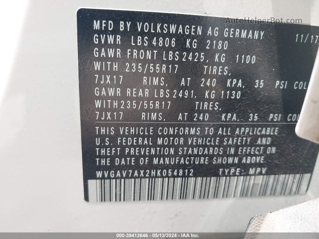 2017 Volkswagen Tiguan 2.0t/2.0t S White vin: WVGAV7AX2HK054812