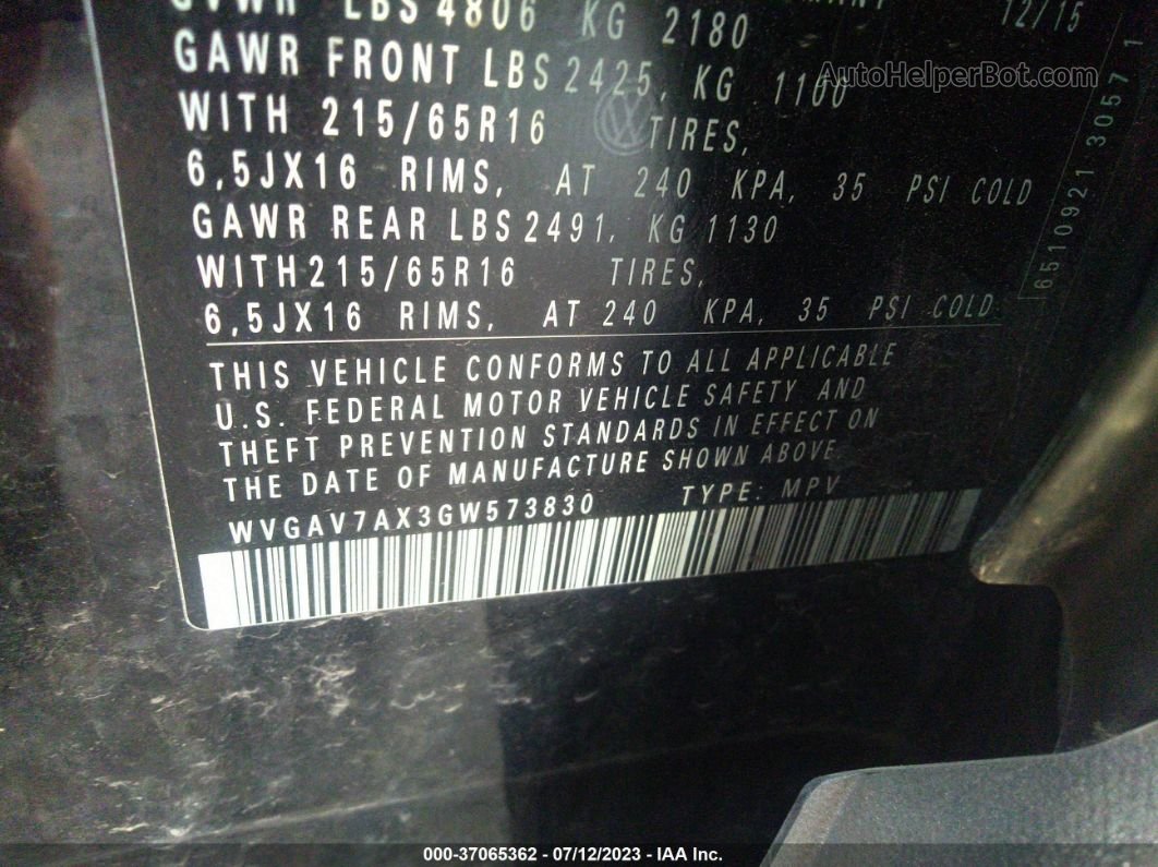 2016 Volkswagen Tiguan S Black vin: WVGAV7AX3GW573830
