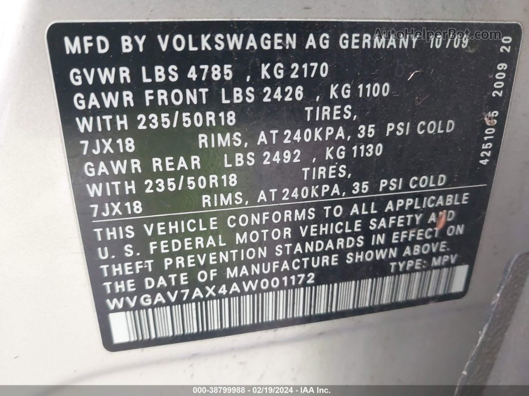 2010 Volkswagen Tiguan Se Silver vin: WVGAV7AX4AW001172