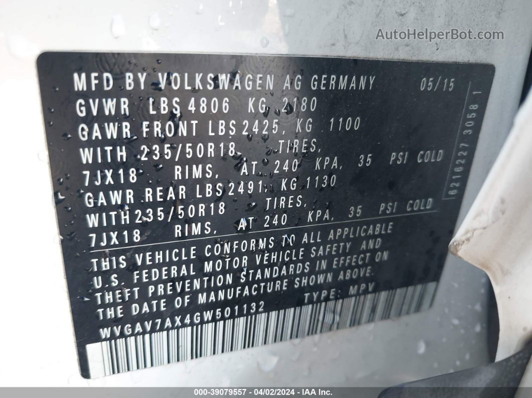 2016 Volkswagen Tiguan Se Белый vin: WVGAV7AX4GW501132