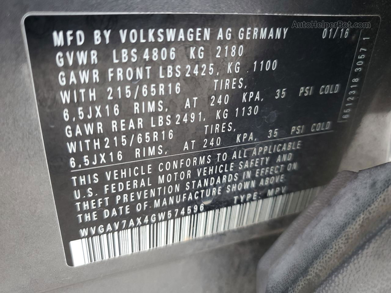 2016 Volkswagen Tiguan S Gray vin: WVGAV7AX4GW574596