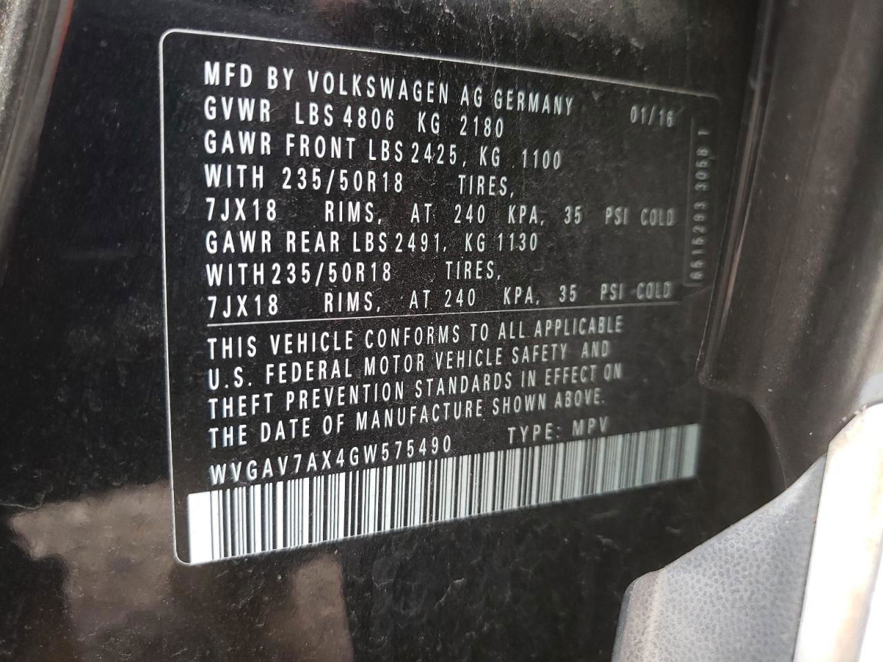 2016 Volkswagen Tiguan S Black vin: WVGAV7AX4GW575490
