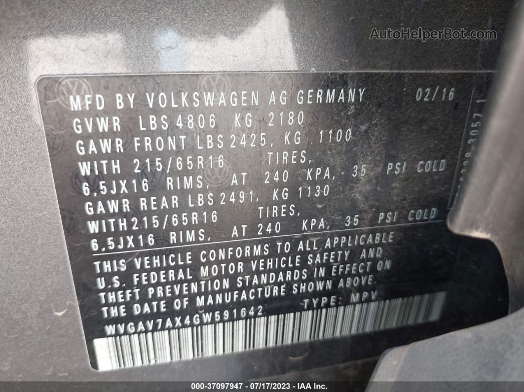 2016 Volkswagen Tiguan S Gray vin: WVGAV7AX4GW591642