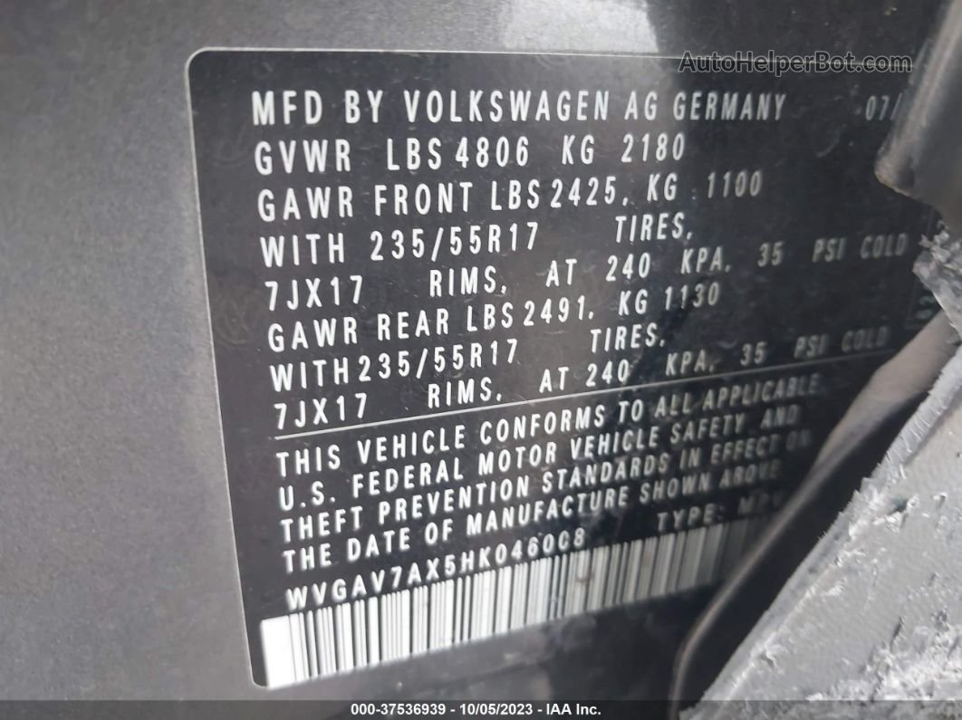 2017 Volkswagen Tiguan S Gray vin: WVGAV7AX5HK046008