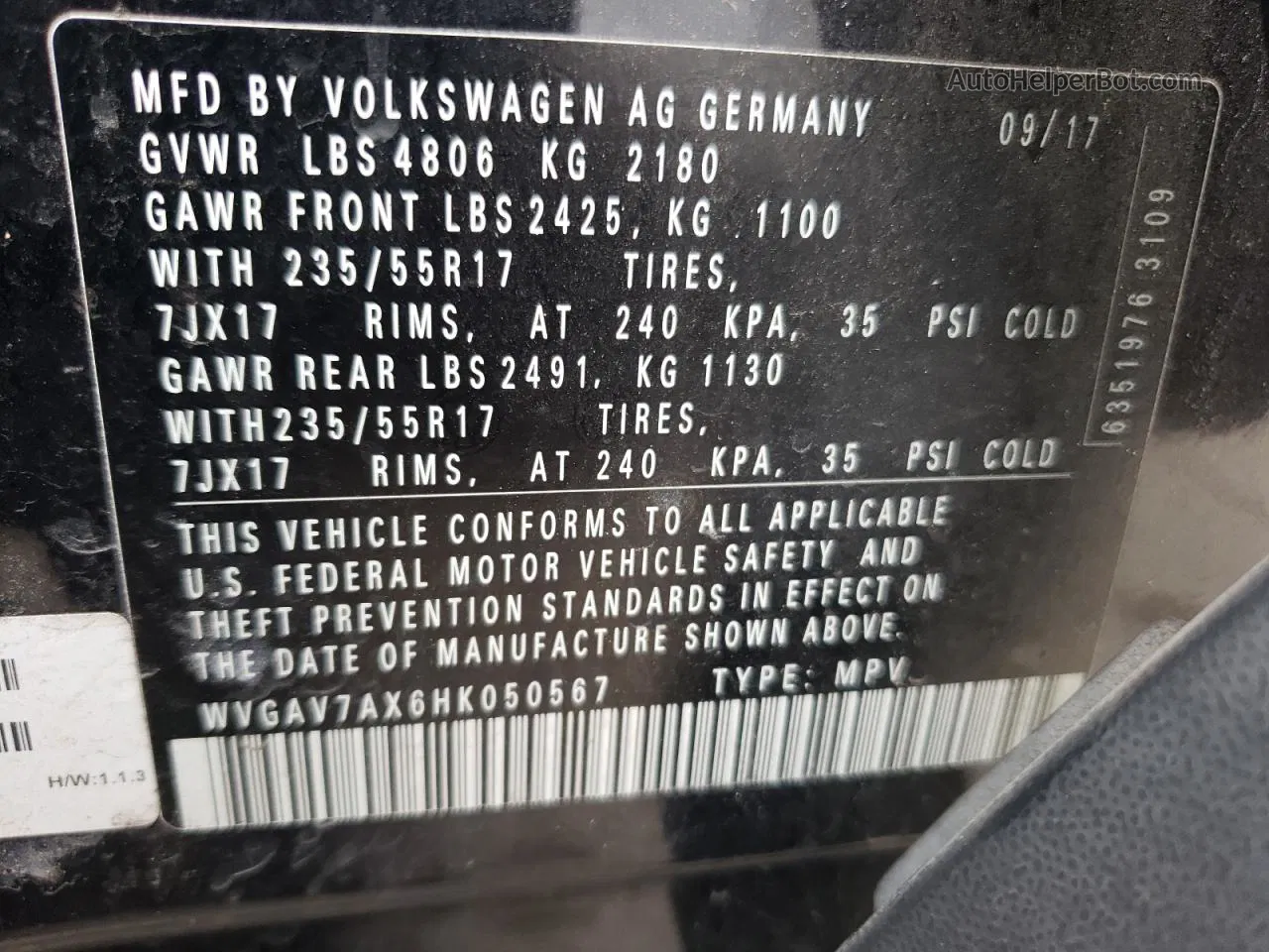 2017 Volkswagen Tiguan S Black vin: WVGAV7AX6HK050567