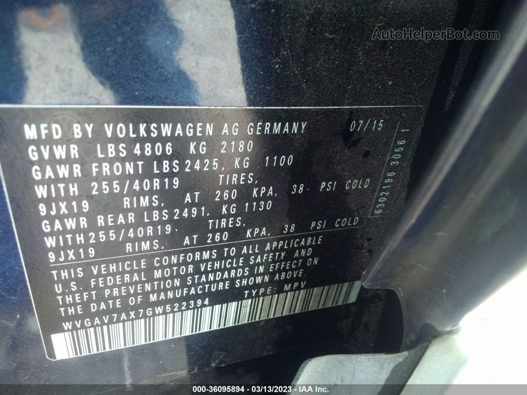 2016 Volkswagen Tiguan Sel Синий vin: WVGAV7AX7GW522394