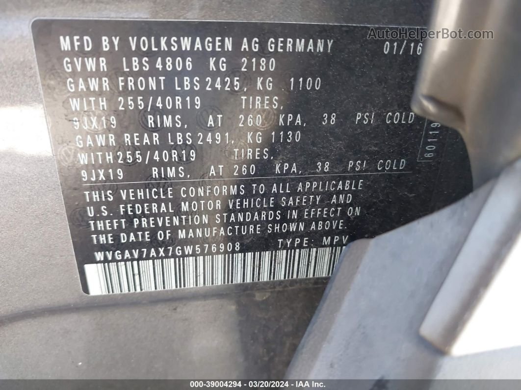 2016 Volkswagen Tiguan Sel Gray vin: WVGAV7AX7GW576908