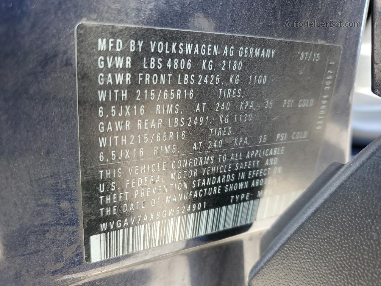 2016 Volkswagen Tiguan S Blue vin: WVGAV7AX8GW524901