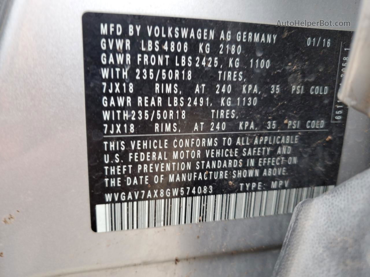 2016 Volkswagen Tiguan S Silver vin: WVGAV7AX8GW574083