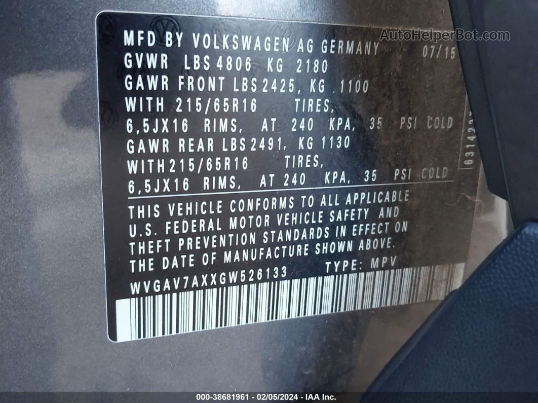 2016 Volkswagen Tiguan S Gray vin: WVGAV7AXXGW526133