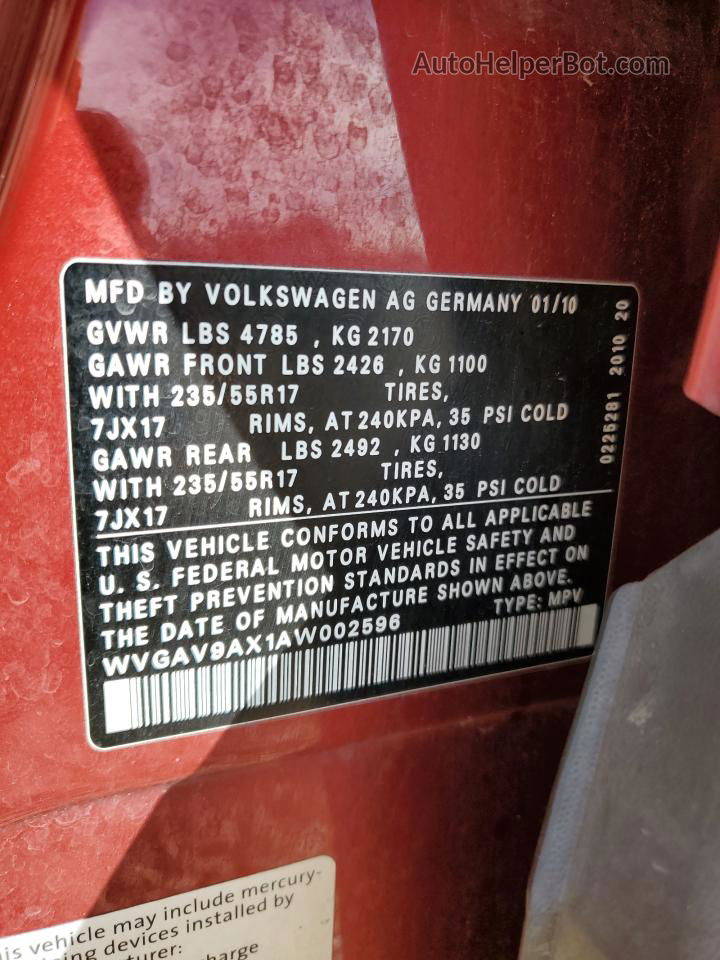 2010 Volkswagen Tiguan S Красный vin: WVGAV9AX1AW002596