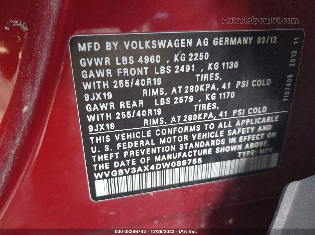 2013 Volkswagen Tiguan Sel Красный vin: WVGBV3AX4DW089755