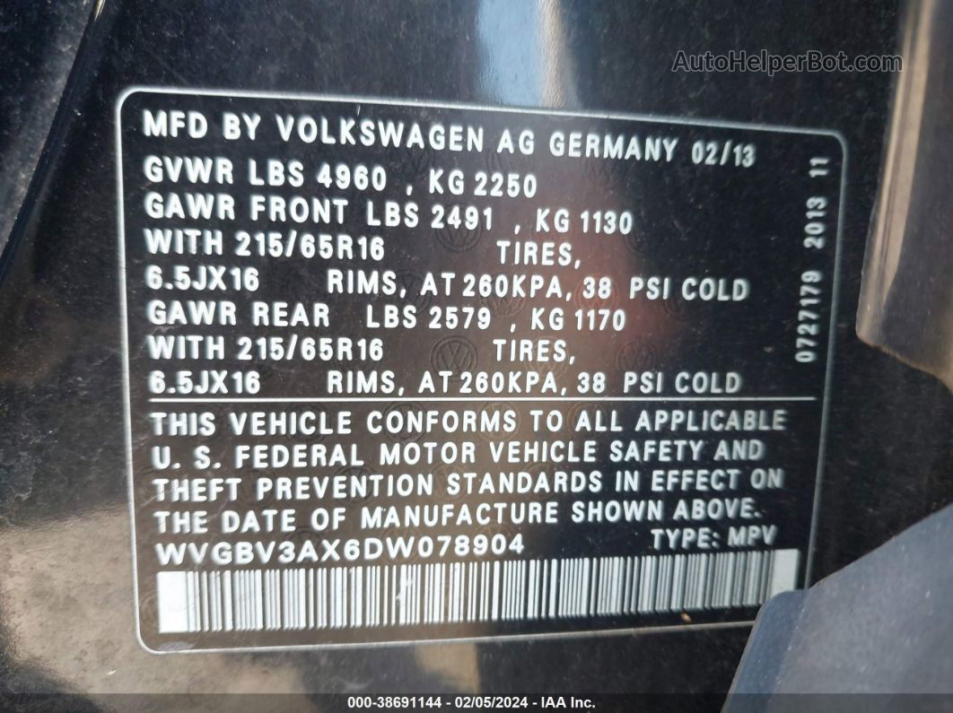 2013 Volkswagen Tiguan S Black vin: WVGBV3AX6DW078904