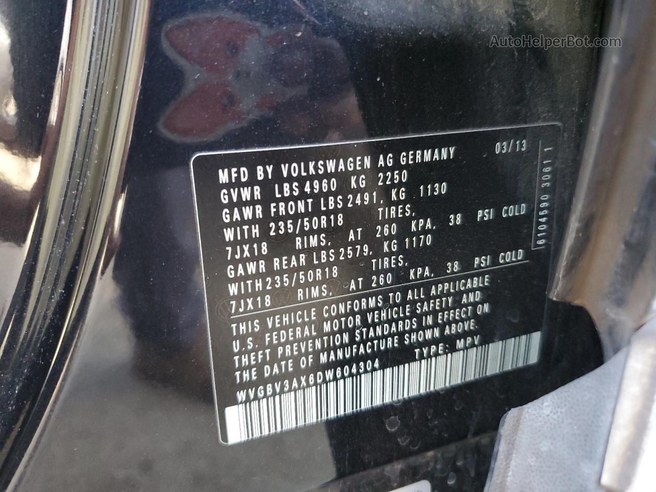 2013 Volkswagen Tiguan S Black vin: WVGBV3AX6DW604304