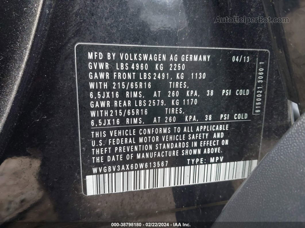 2013 Volkswagen Tiguan S Black vin: WVGBV3AX6DW613567