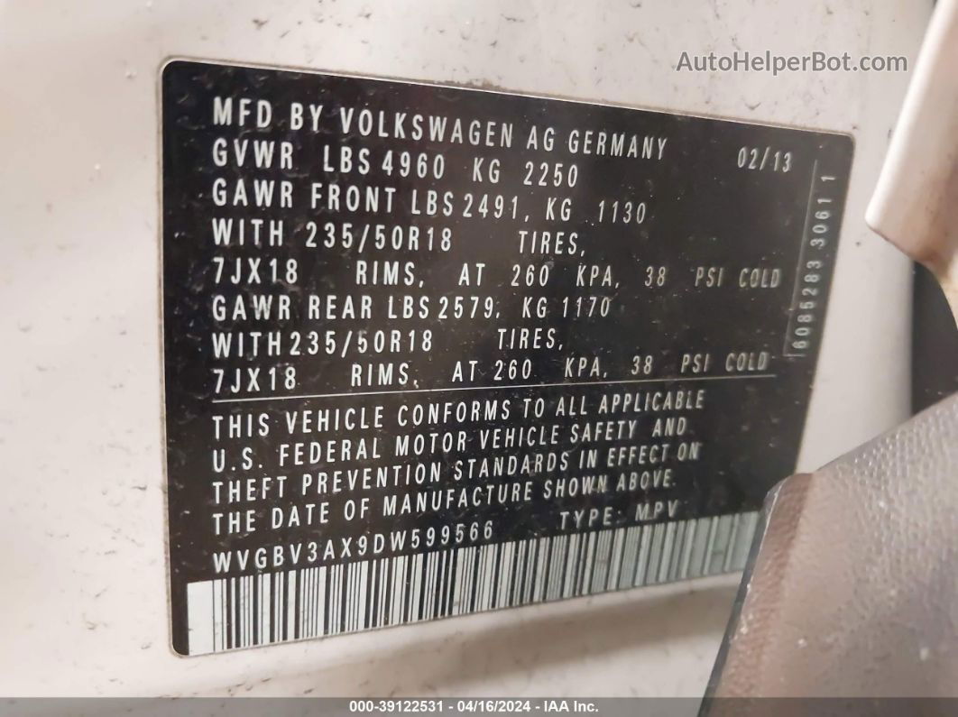 2013 Volkswagen Tiguan Se White vin: WVGBV3AX9DW599566