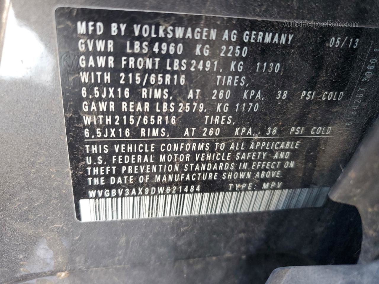 2013 Volkswagen Tiguan S Charcoal vin: WVGBV3AX9DW621484