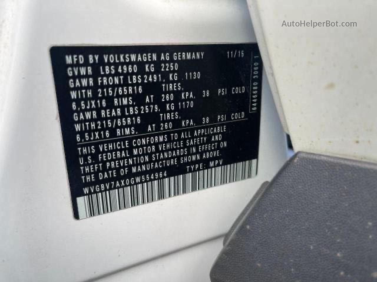 2016 Volkswagen Tiguan S Белый vin: WVGBV7AX0GW554964