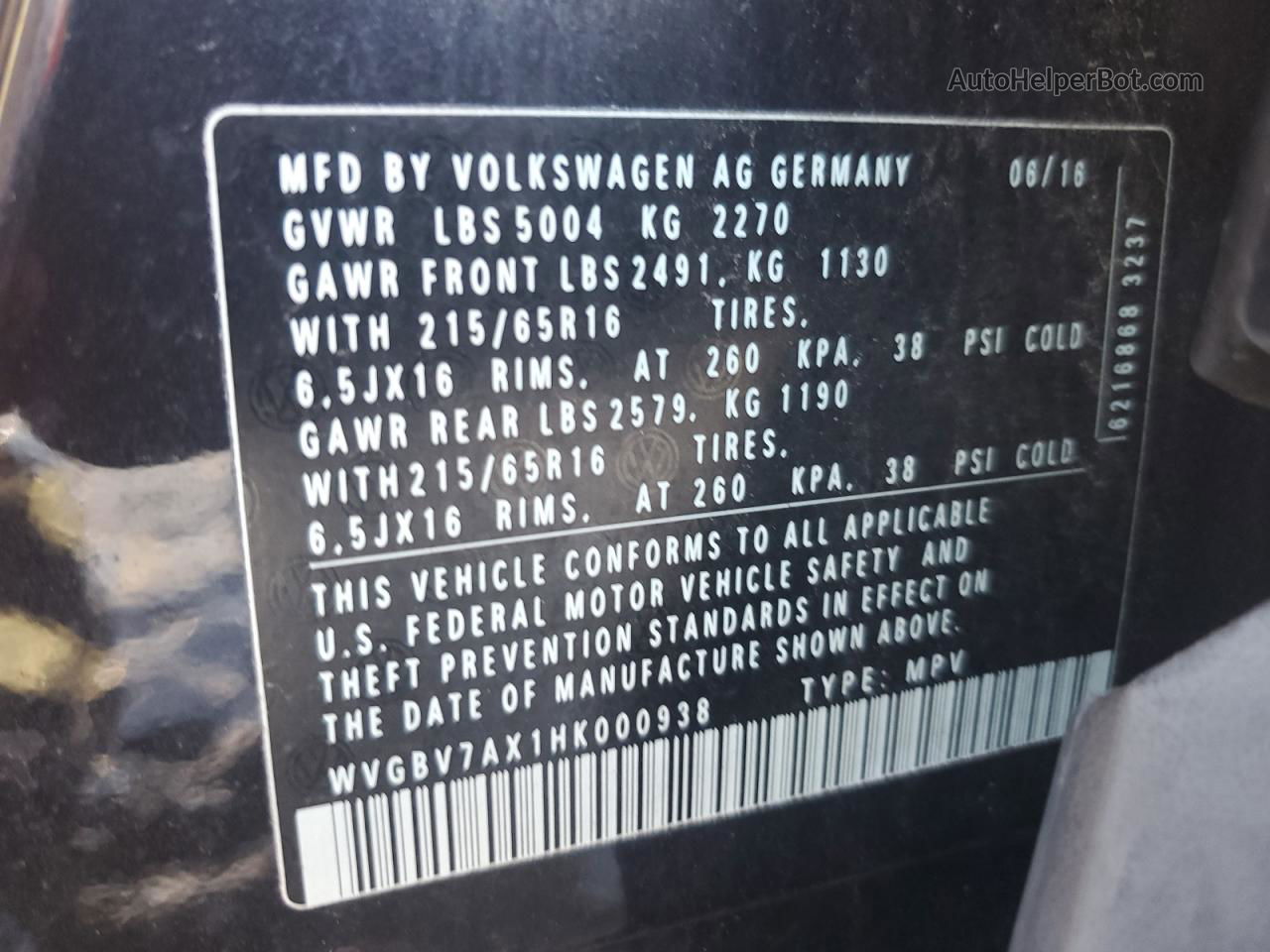 2017 Volkswagen Tiguan S Black vin: WVGBV7AX1HK000938