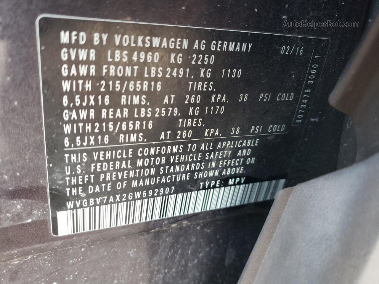 2016 Volkswagen Tiguan S Gray vin: WVGBV7AX2GW592907