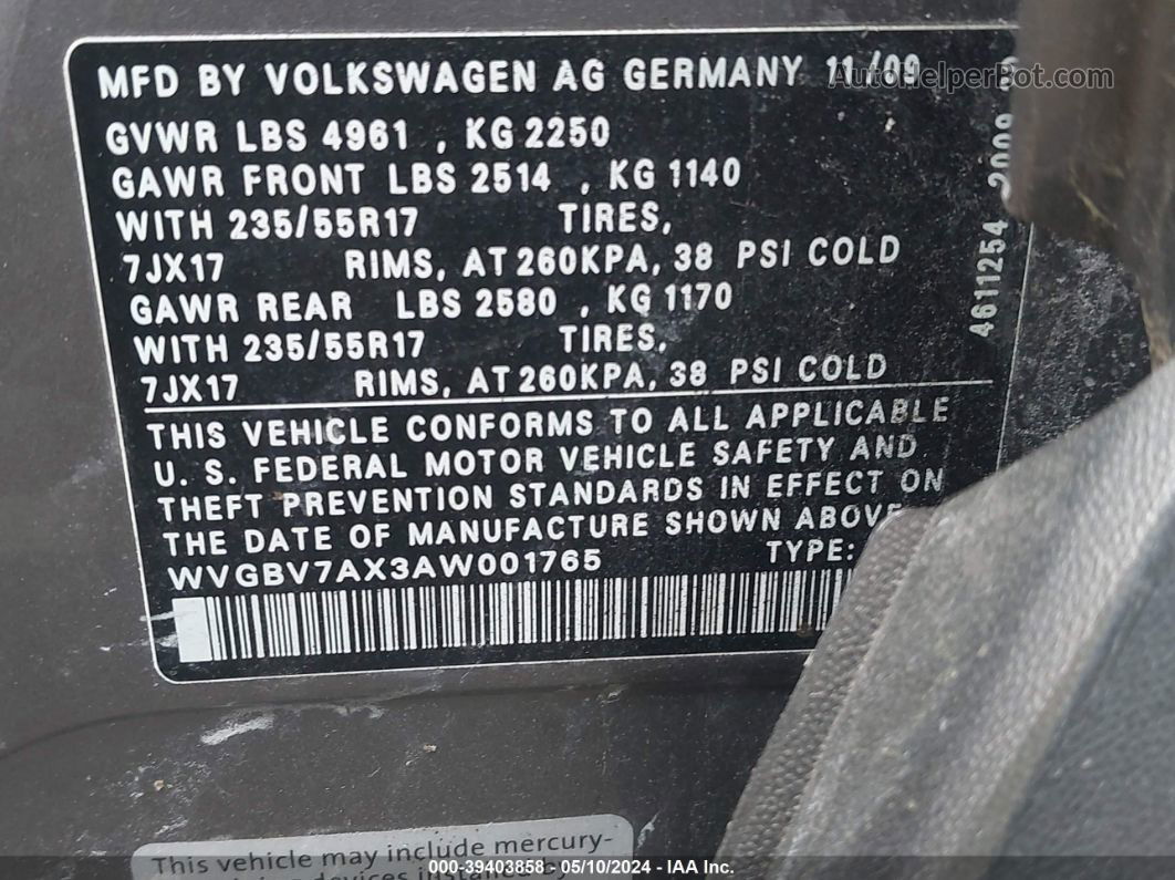 2010 Volkswagen Tiguan Wolfsburg Edition Gray vin: WVGBV7AX3AW001765