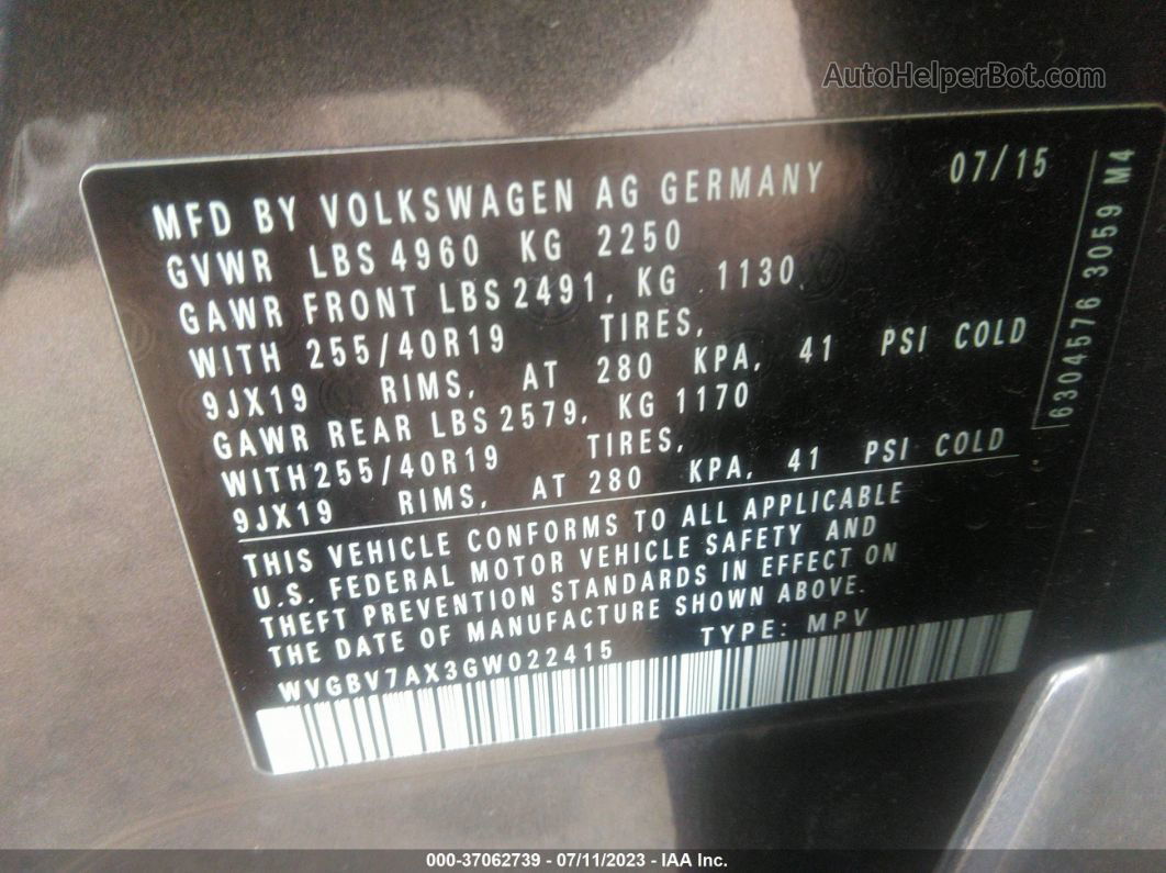 2016 Volkswagen Tiguan R-line Серый vin: WVGBV7AX3GW022415