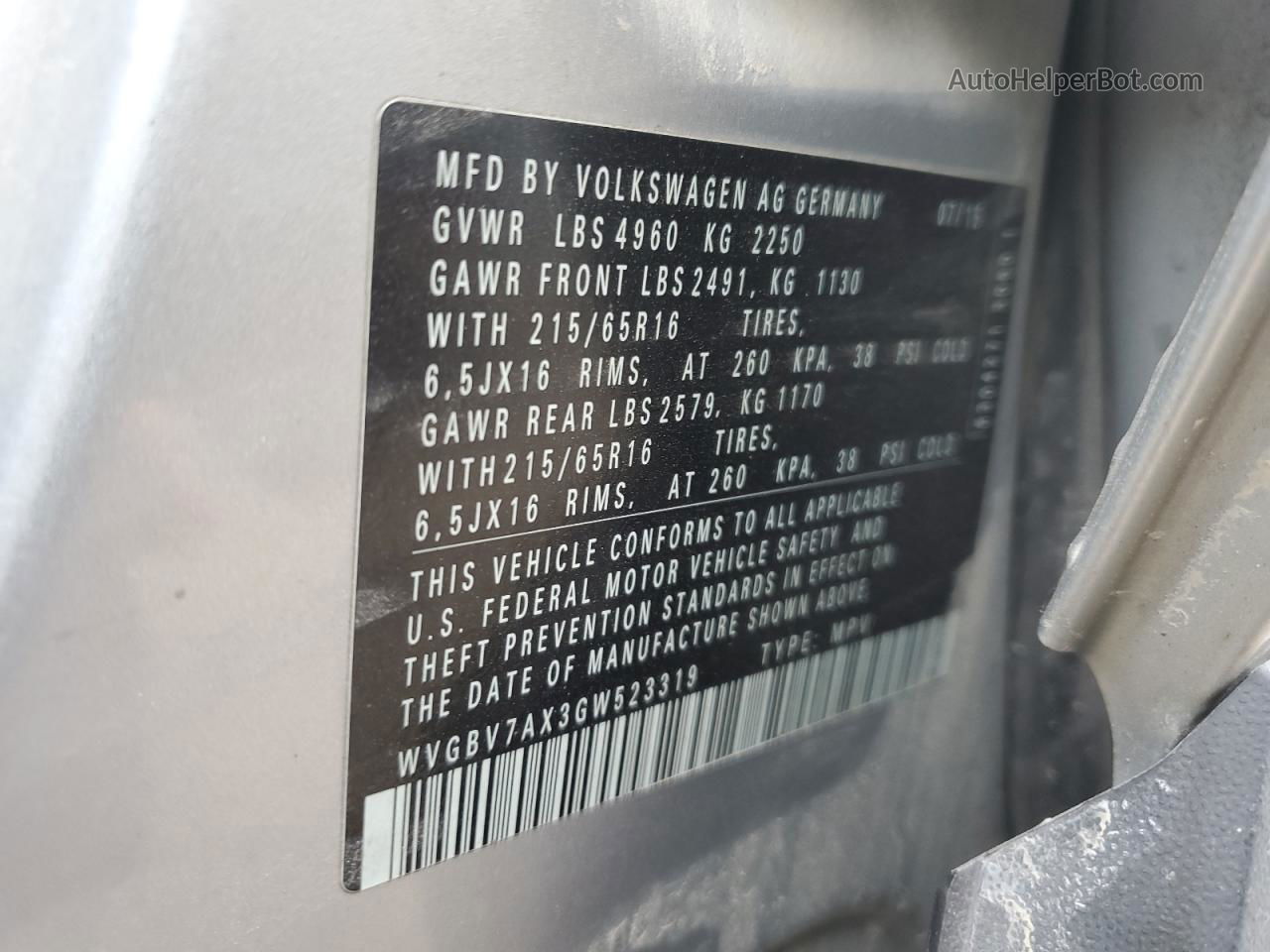 2016 Volkswagen Tiguan S Gray vin: WVGBV7AX3GW523319