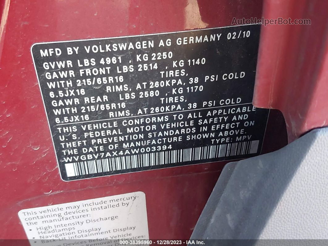 2010 Volkswagen Tiguan S Red vin: WVGBV7AX4AW003394