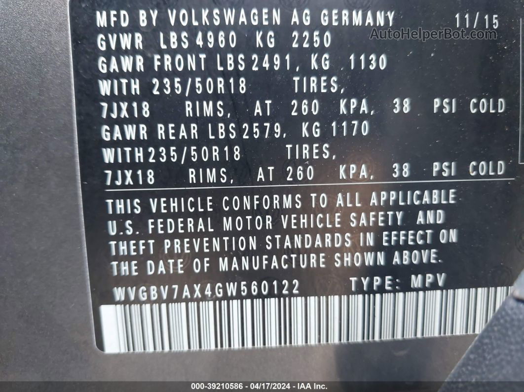 2016 Volkswagen Tiguan Se Pewter vin: WVGBV7AX4GW560122