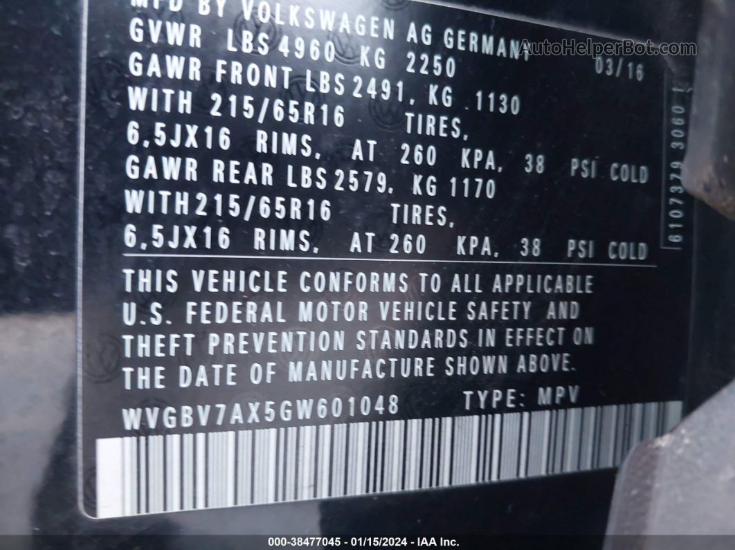 2016 Volkswagen Tiguan S Черный vin: WVGBV7AX5GW601048