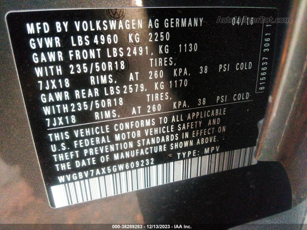 2016 Volkswagen Tiguan Se Gray vin: WVGBV7AX5GW609232