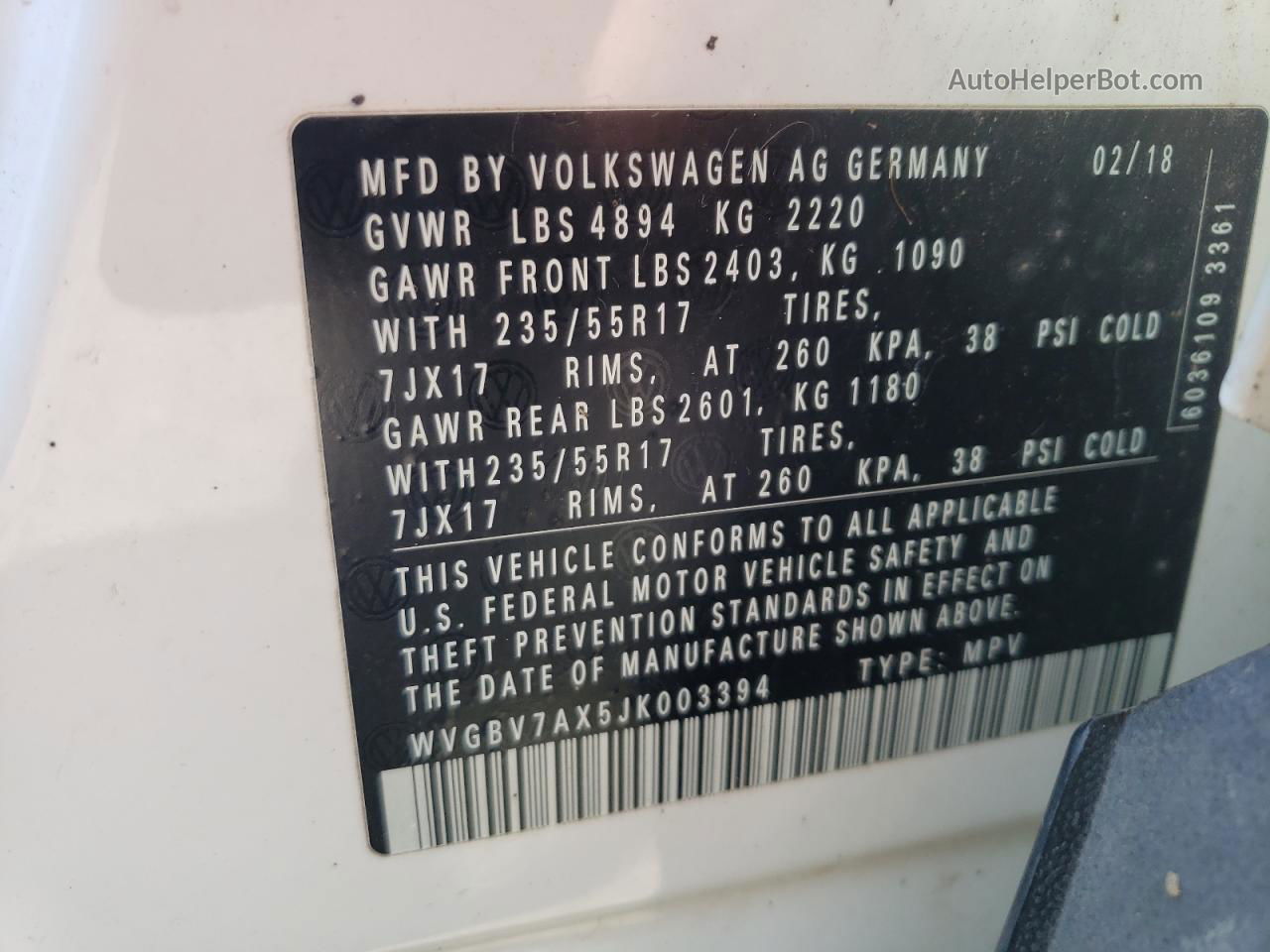 2018 Volkswagen Tiguan Limited Белый vin: WVGBV7AX5JK003394