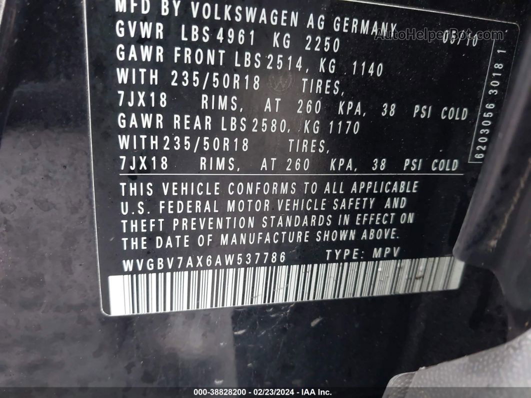 2010 Volkswagen Tiguan Sel Black vin: WVGBV7AX6AW537786