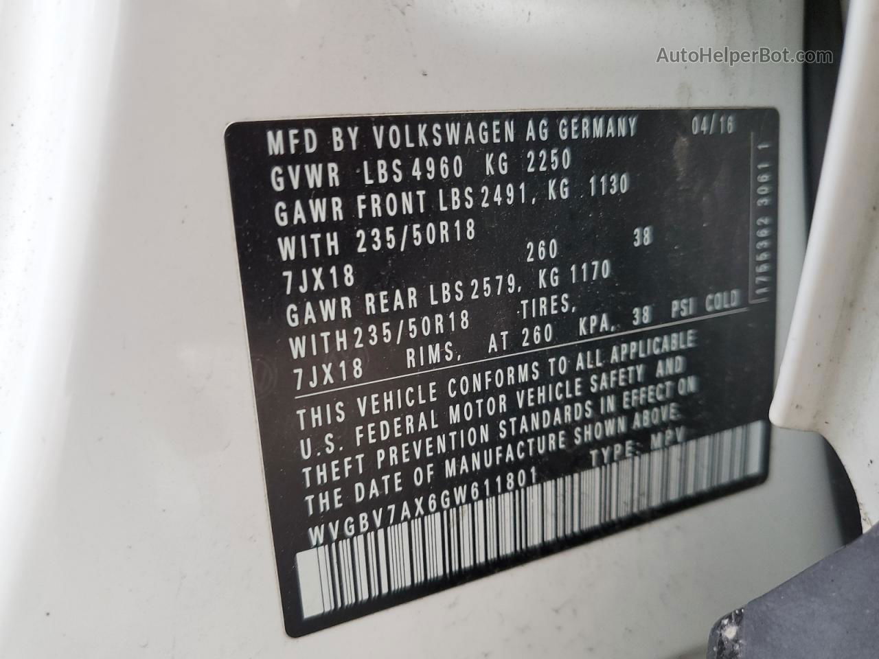 2016 Volkswagen Tiguan S Белый vin: WVGBV7AX6GW611801